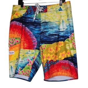 Surf Line Jams Hawaii Men Sunset Sail Board Shorts Watercolor 34 Colorful Floral
